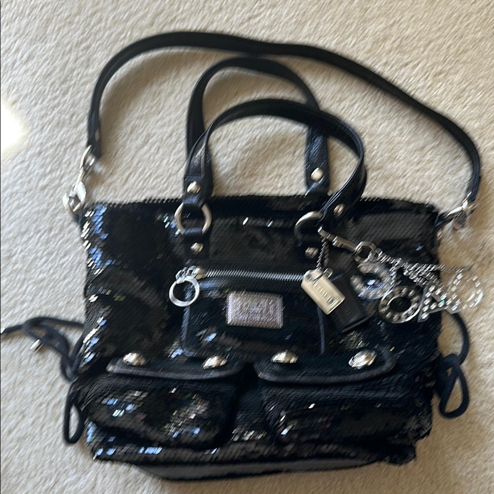Coach Black Glossy Shoulder Bag with Metallic Accents
